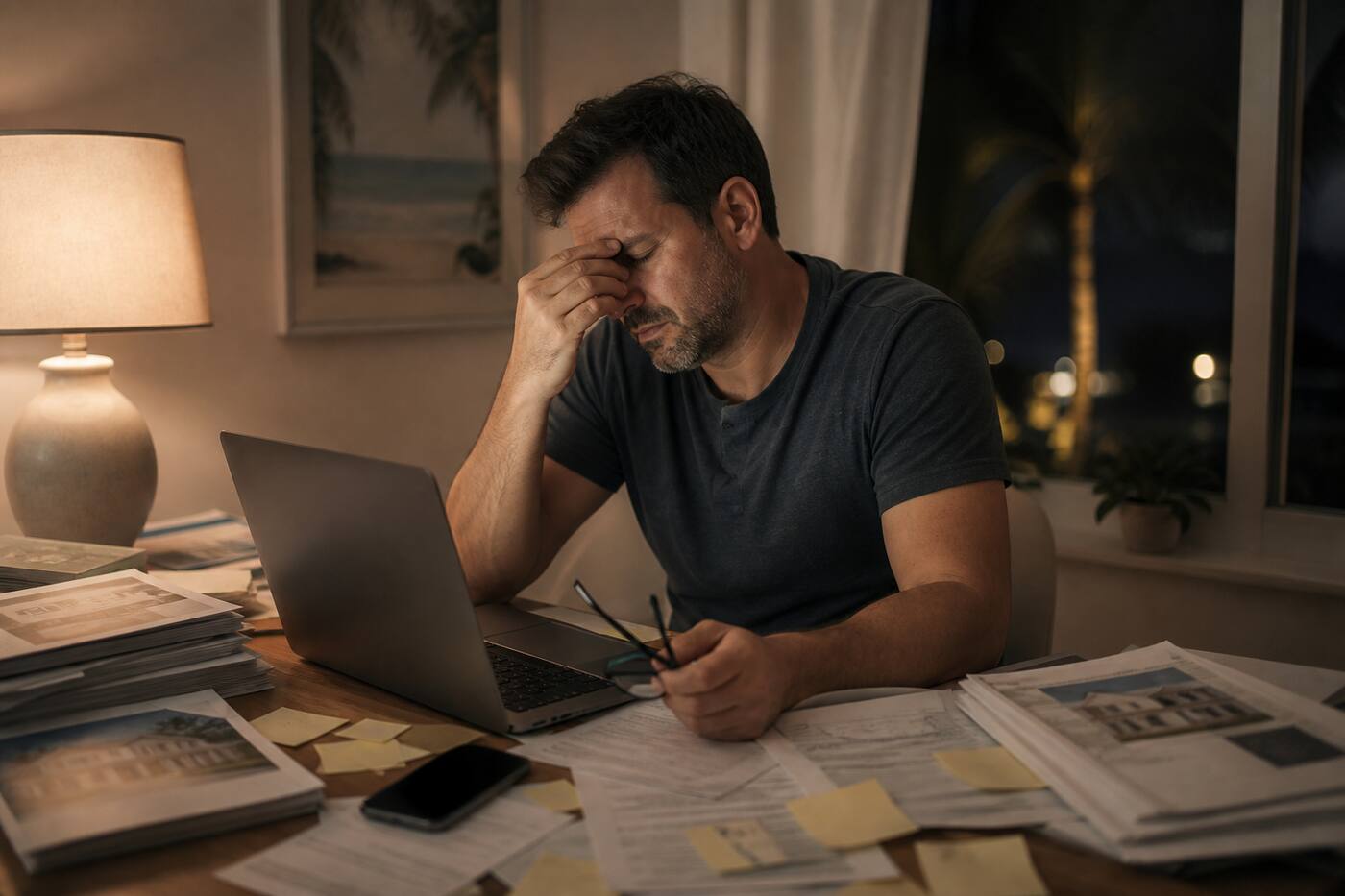 Homebuyer reviewing financing paperwork at a kitchen table with visible worry