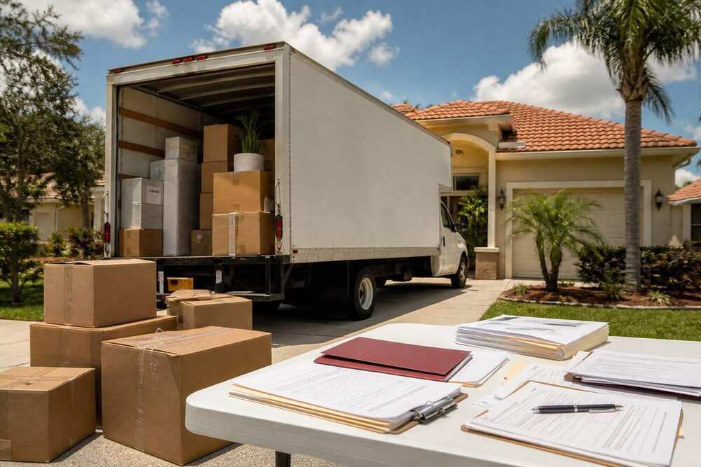 Moving truck and mortgage paperwork outside a Florida home during an Ocala relocation