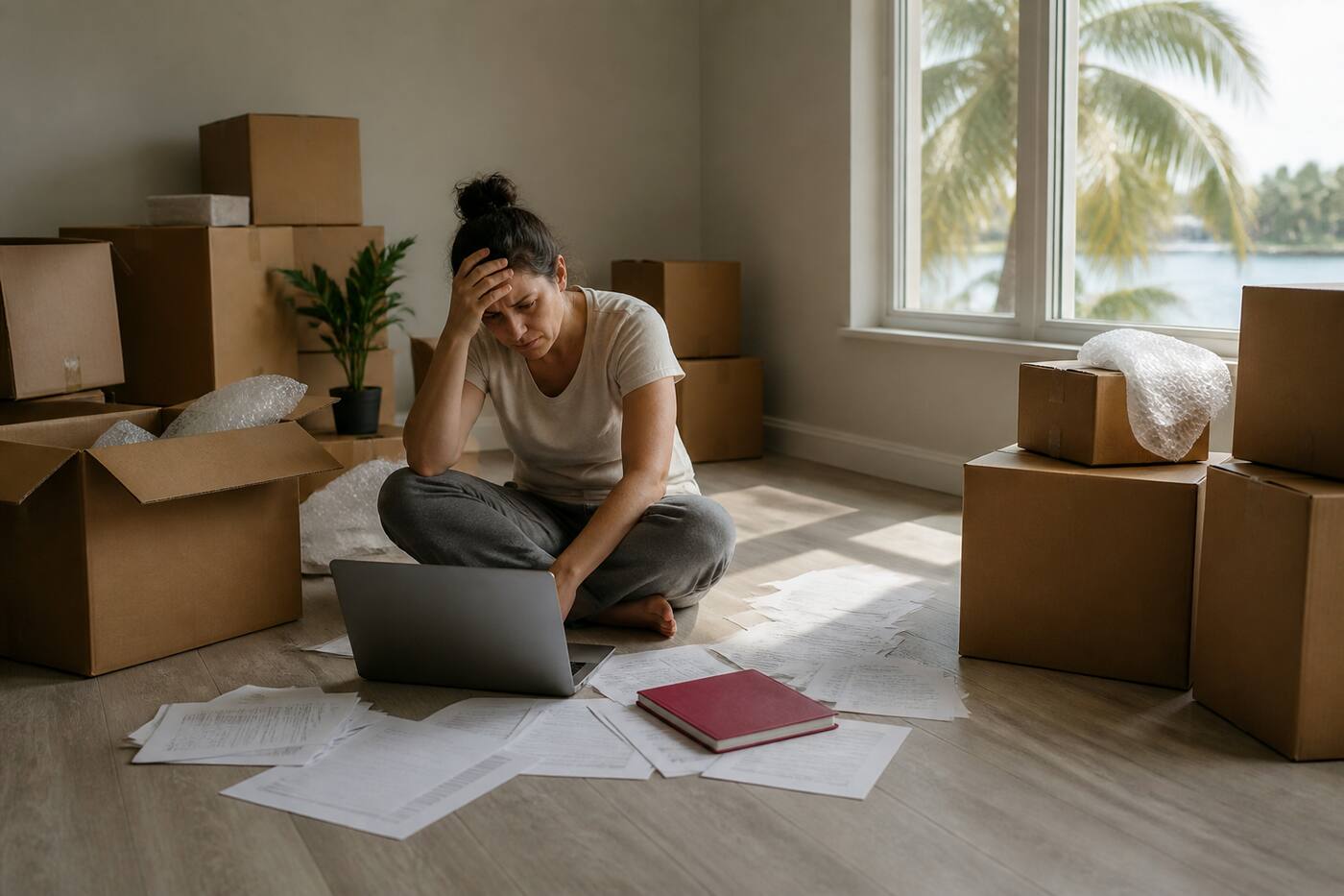 Stressed relocator surrounded by moving boxes and financing documents