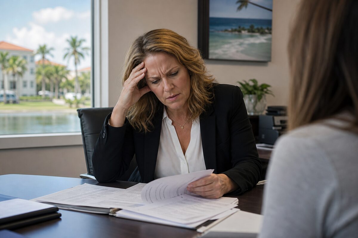 Realtor reviewing client mortgage paperwork with concern about transaction timing