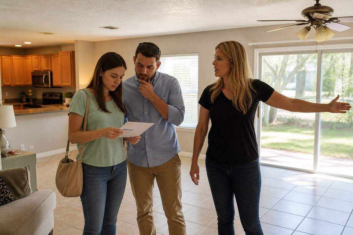 Ocala buyers touring a Florida home while reviewing listing papers without a clear financing plan