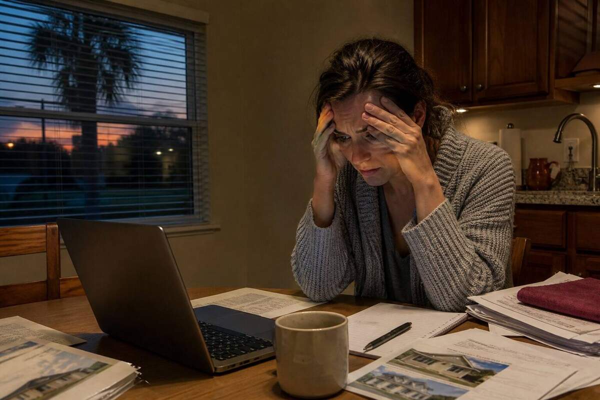 Stressed Marion County buyer studying mortgage paperwork and listings alone before making an offer