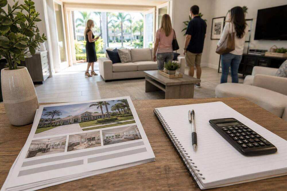 Florida home listing papers beside notes for taxes and insurance beyond the sticker price