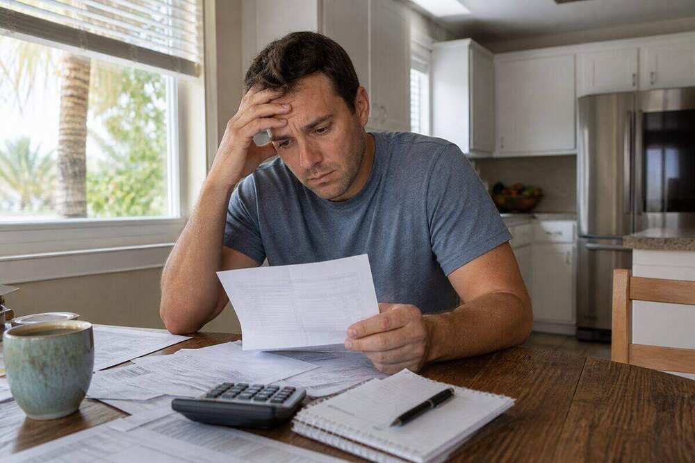 Worried Ocala buyer reviewing a monthly housing budget at the kitchen table